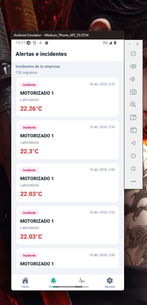 Lista de alertas e incidentes con temperatura y ubicación