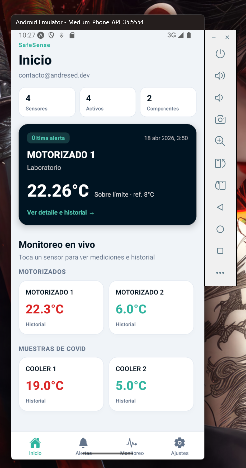Pantalla Inicio de SafeSense con resumen de sensores, última alerta y monitoreo en vivo
